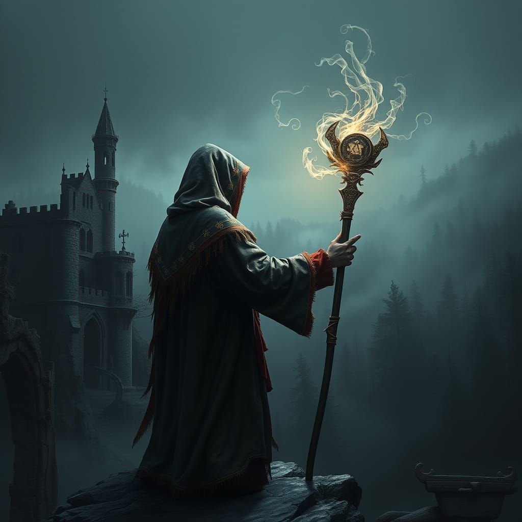 Mystical Warlock Overlooks Dark Forest Ruins