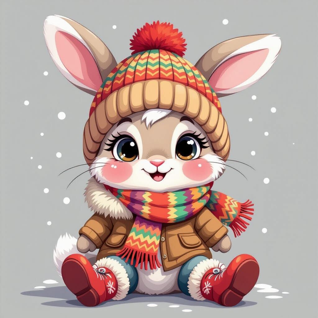 Cute Cartoon Rabbit in Winter Attire with Pom-Pom Hat