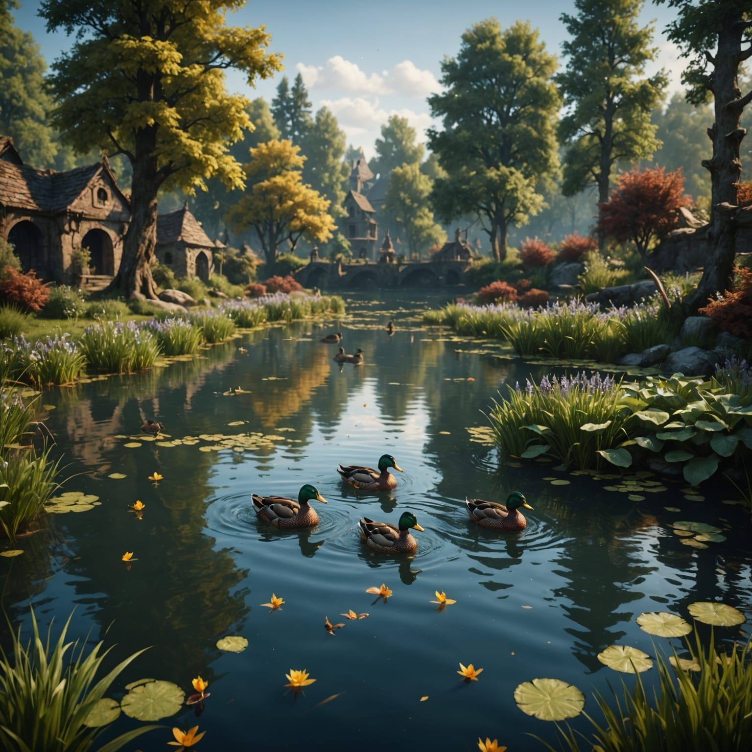 Surreal Ducks Sway to Ripples in a Mystic Pond