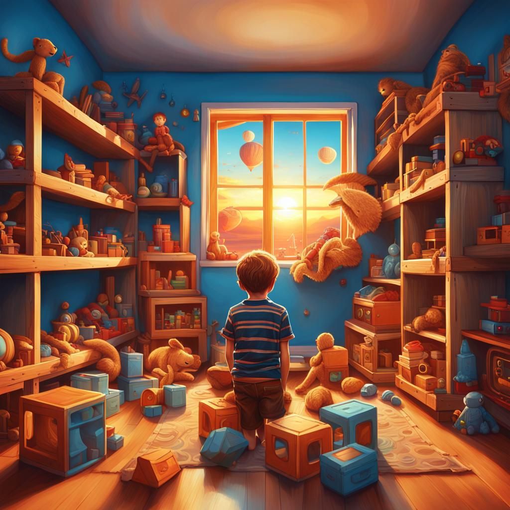 Boy Surrounded by Toys in Fantasy Room