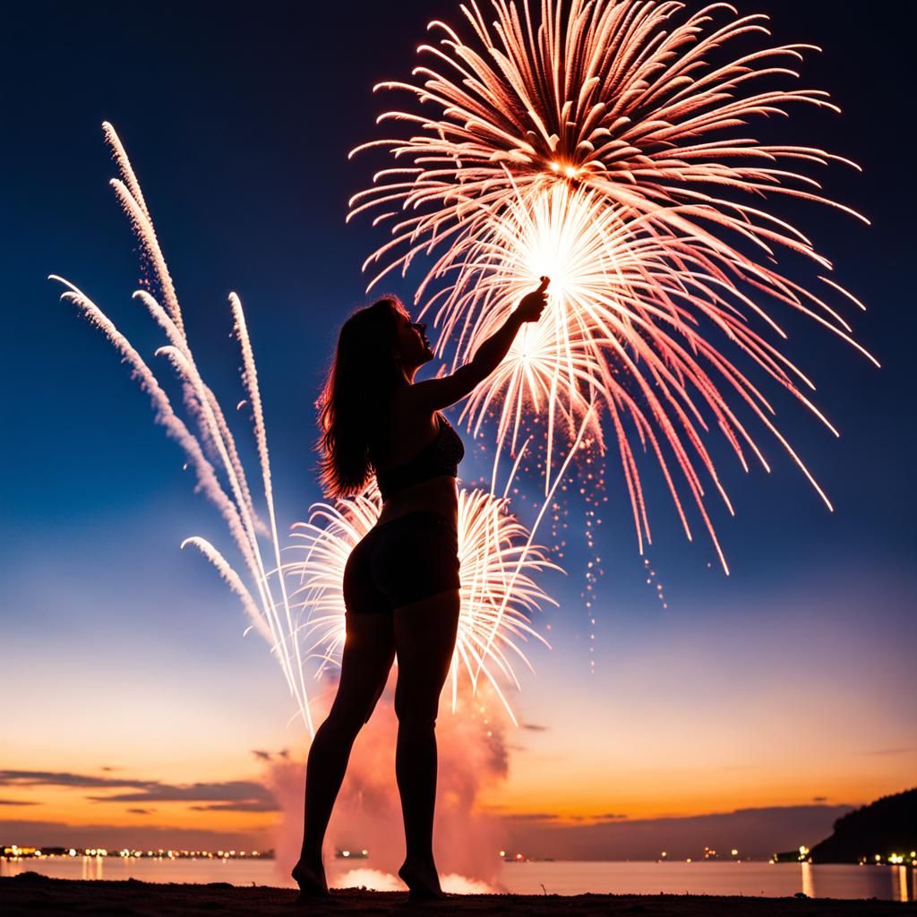 Silhouette of Woman with Fireworks Display