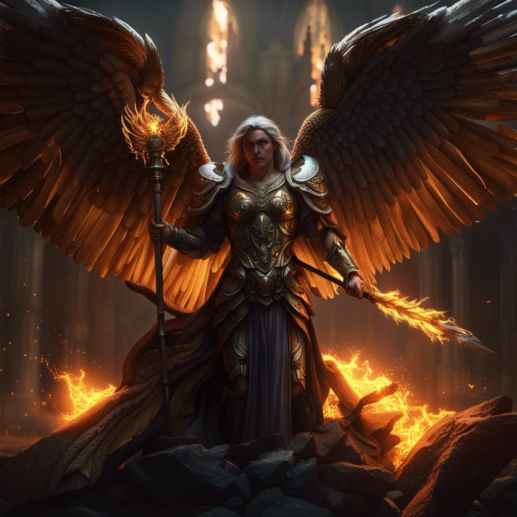 Archangel Raphael with Fire Staff: Dark Fantasy Concept Art