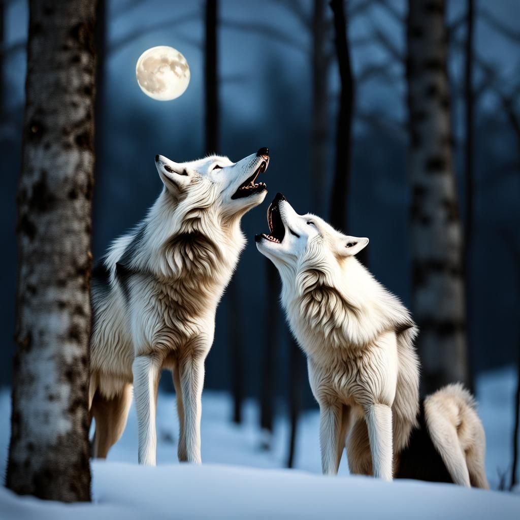White Wolves Howling at Winter Moon