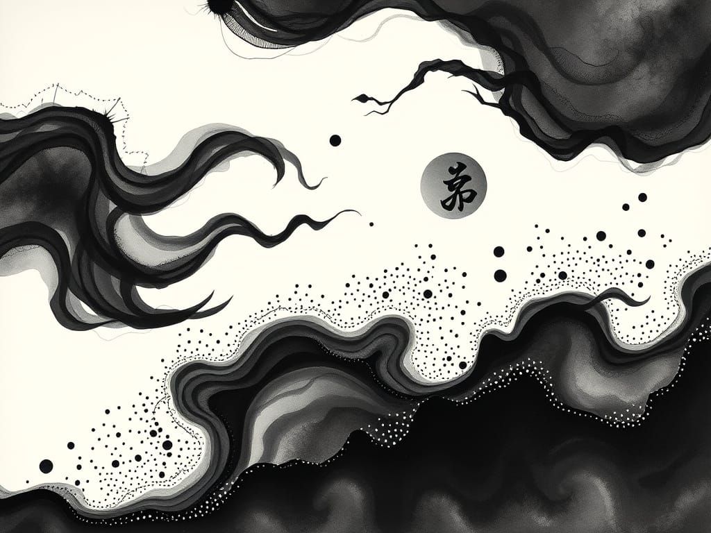 Ethereal Ink Art Fusion of East Asian and Aboriginal Styles