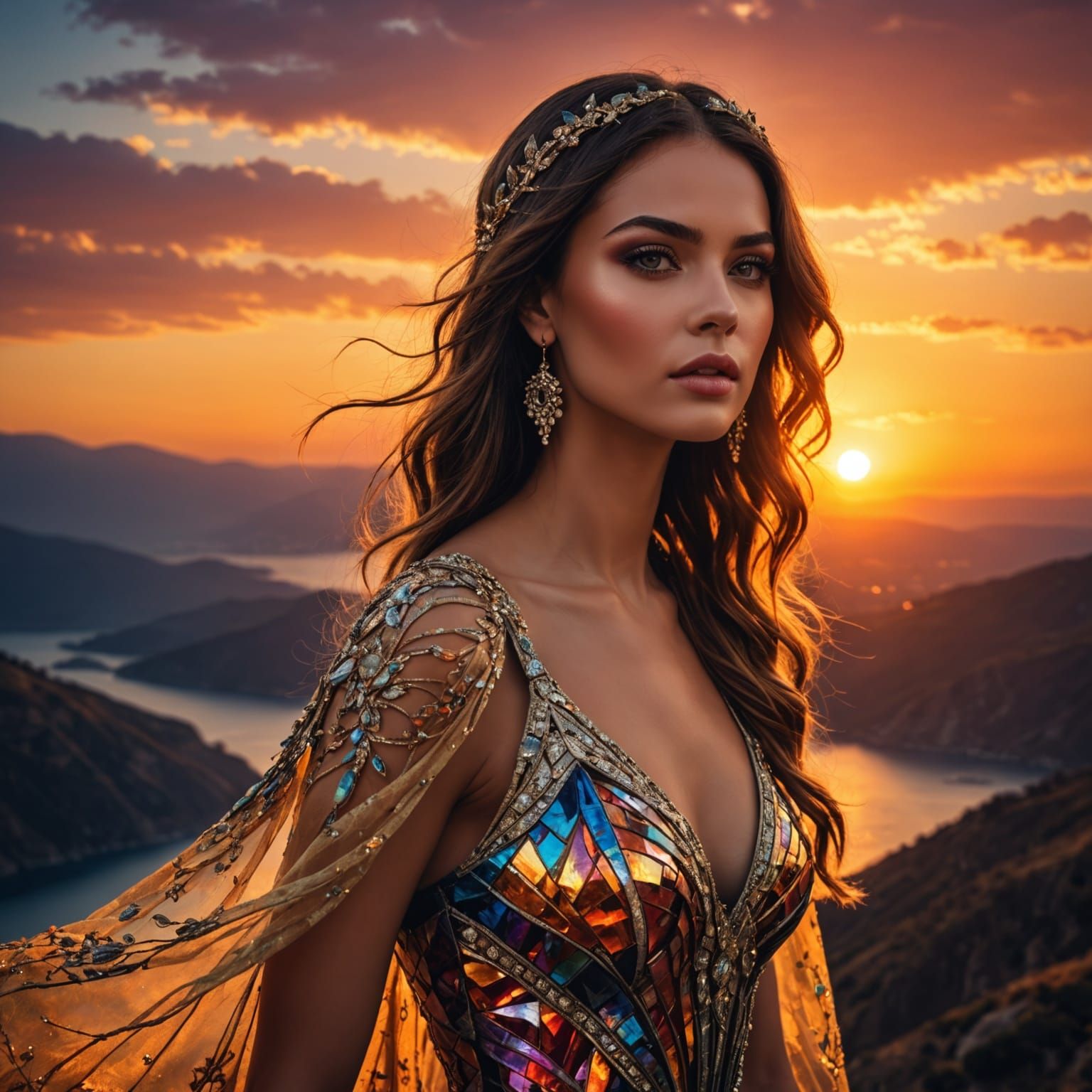 Glamorous Supermodel in a Breathtaking Sunset Landscape