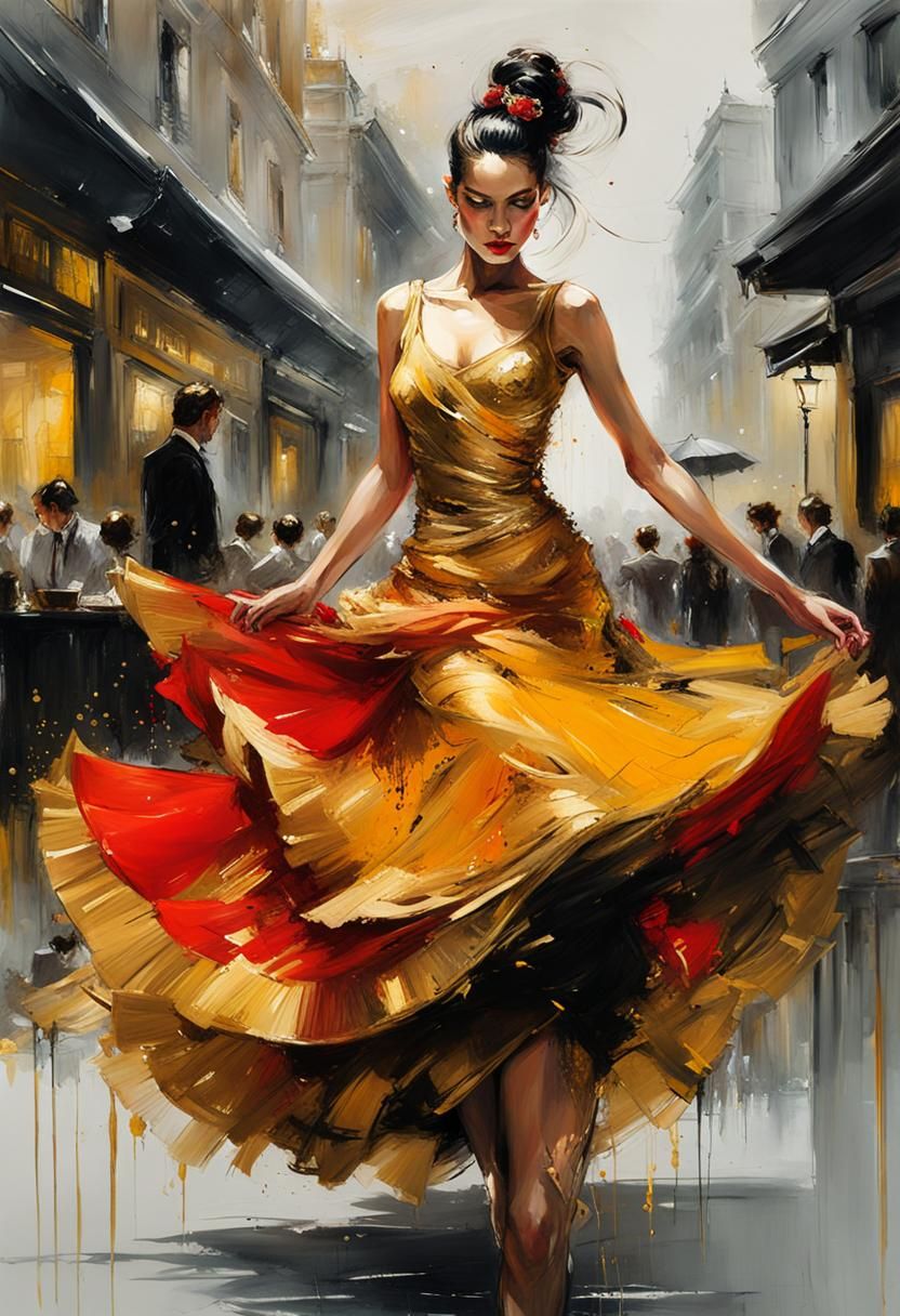 Flamenco Dancer in Gold, Expressive Fine Art