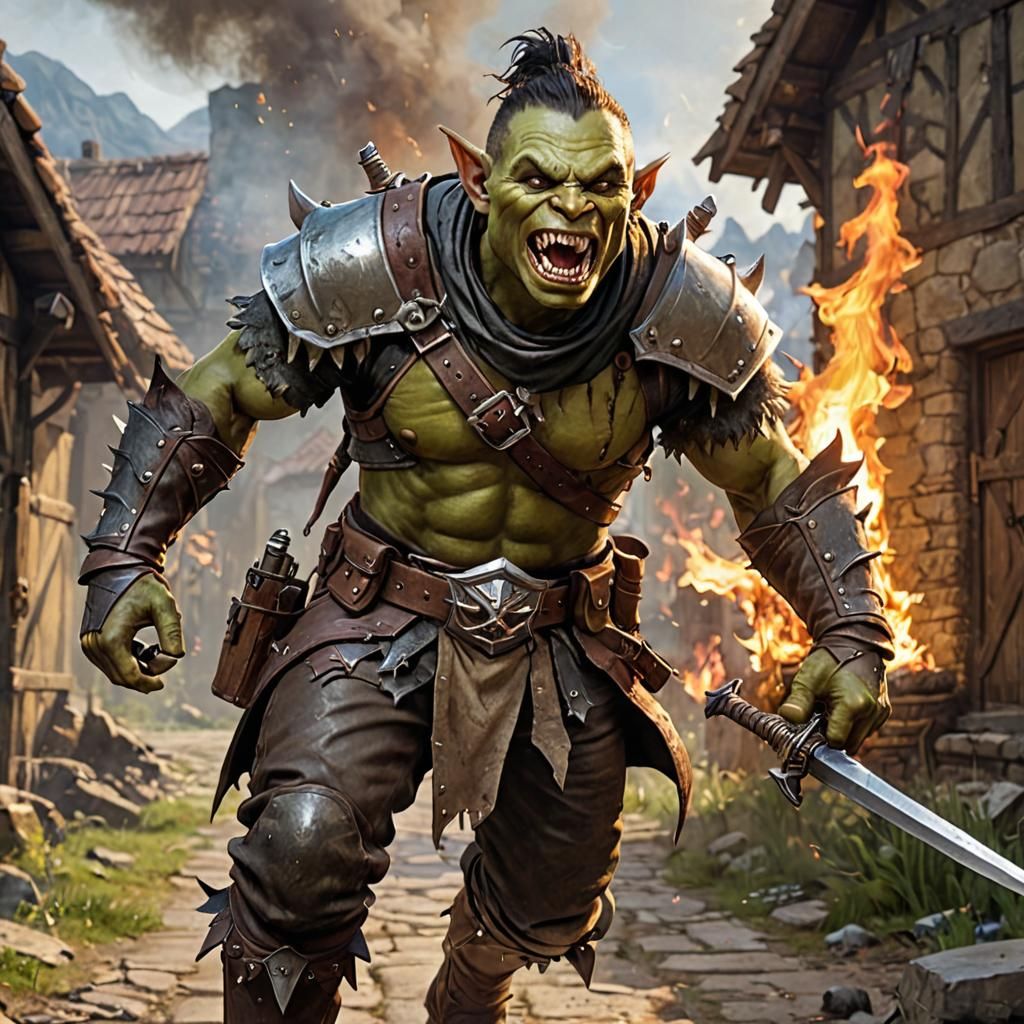 Half-Orc/Goblin Rogue Escapes Burning Village