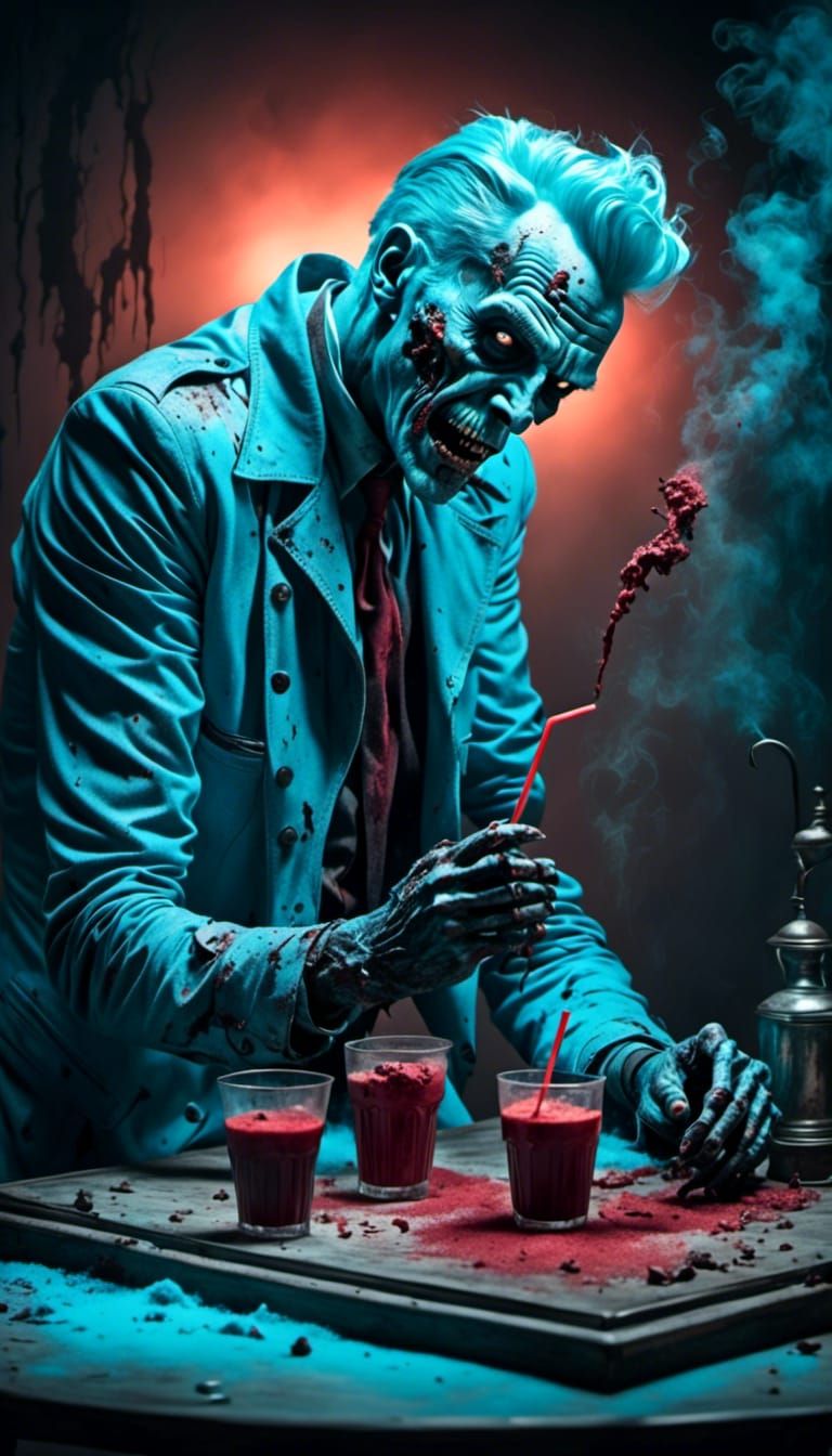 Decomposing Zombie Snorting Blue Powder