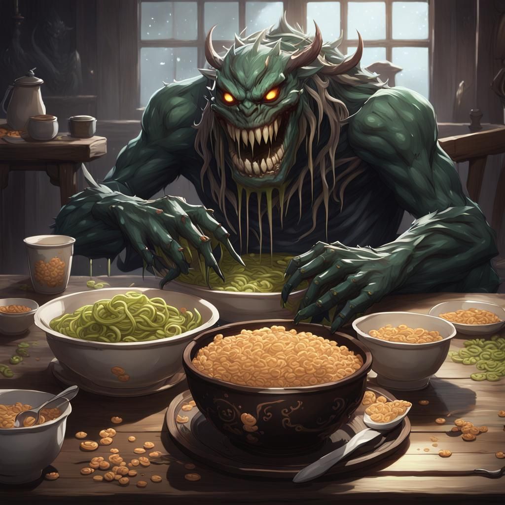 Monster Slurping Cereal: Detailed 3D Anime Art
