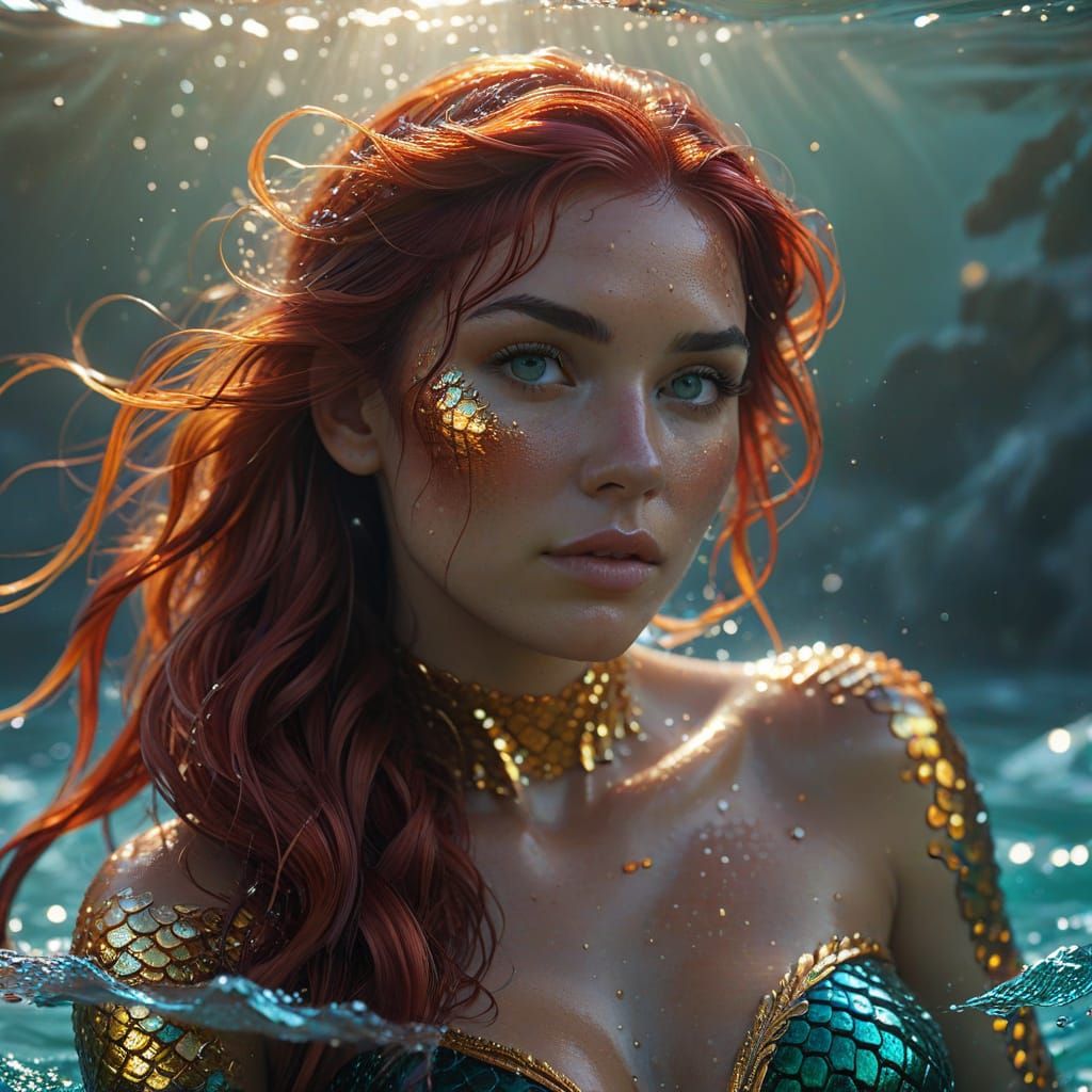 Ethereal Mermaid Emerges from Turquoise Water in Golden Hour...