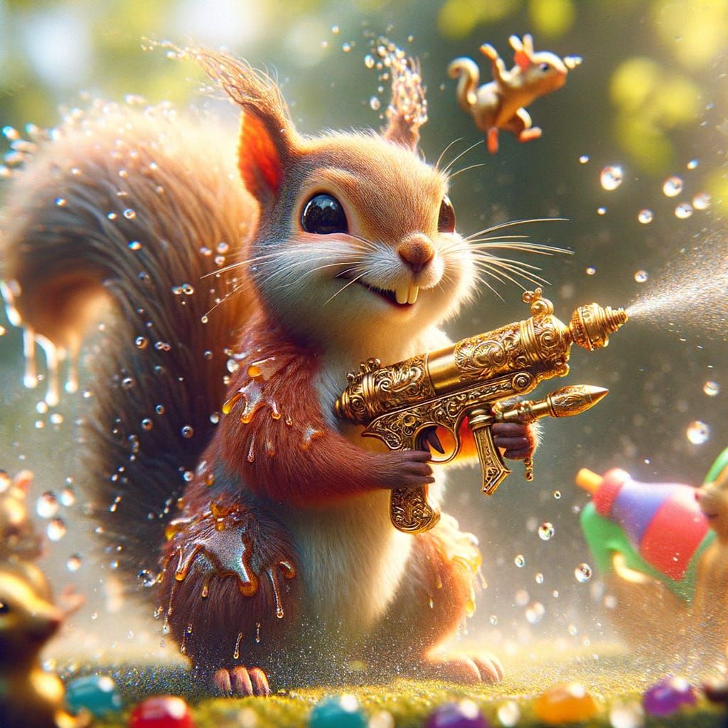 Mischief-Making Squirrel in Water Fight