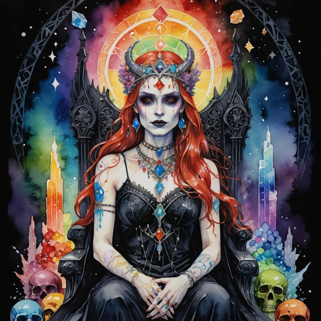 Gothic Goddess Lilith with Rainbow Crystals in Watercolor