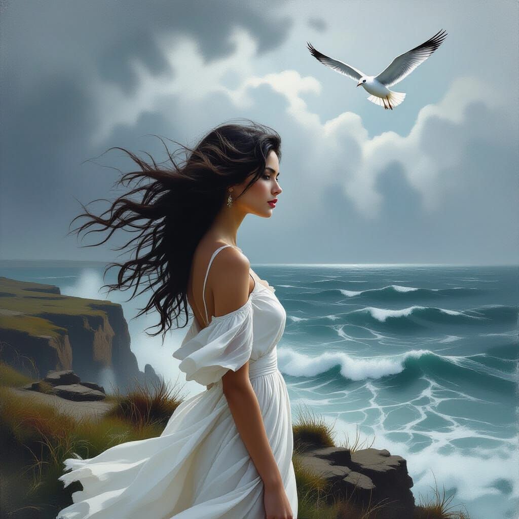 Woman on Windswept Cliff in Stormy Sea