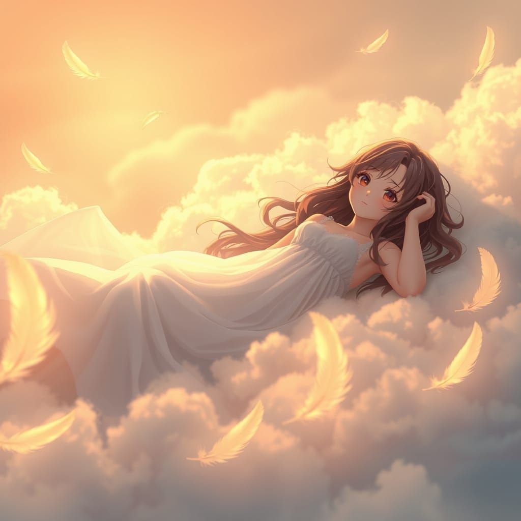 Dreamy Girl on Clouds in Anime Style