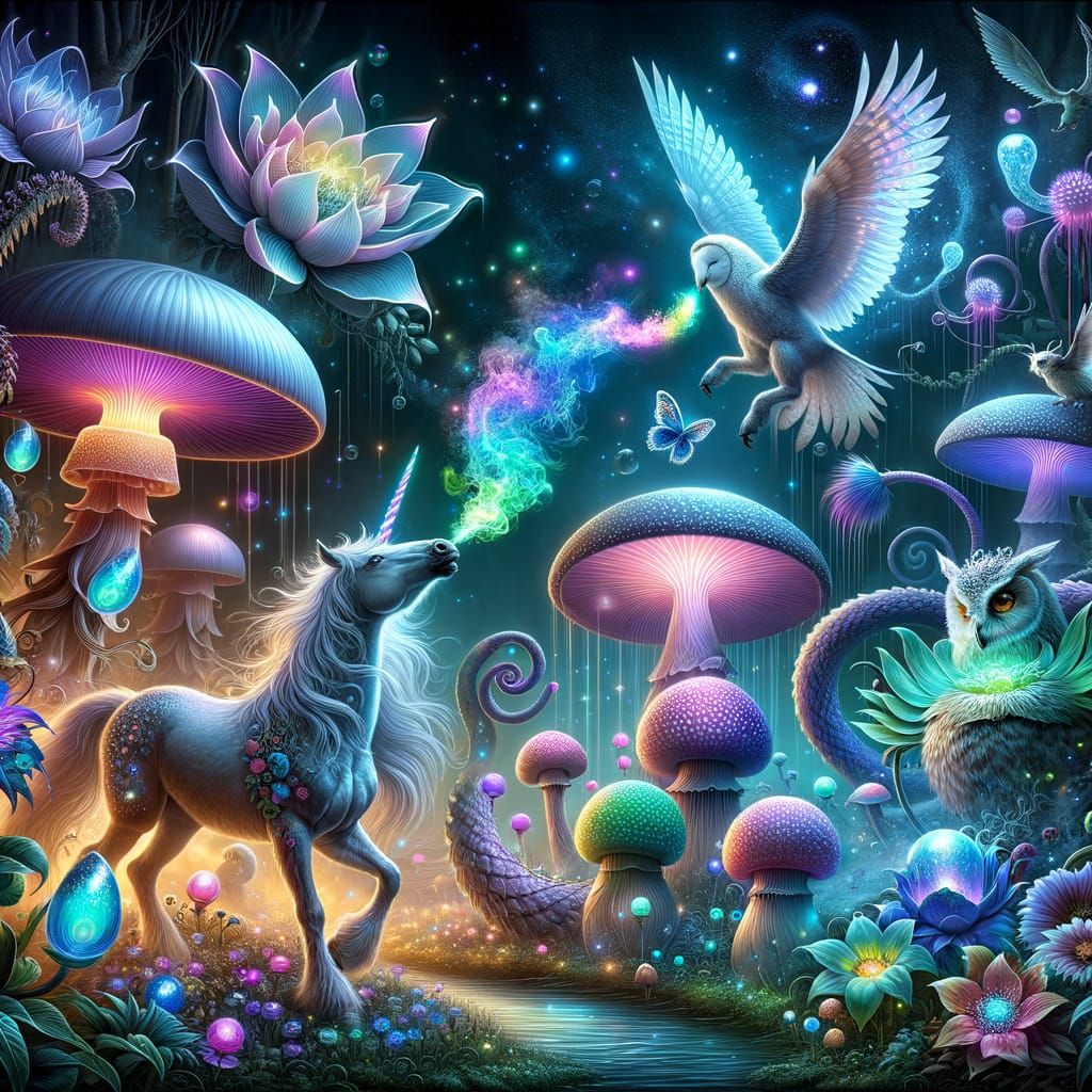 Magical Creatures and Mythical Plants in a Wonderous Scene