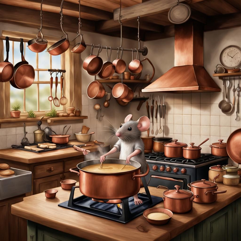 Mouse Cooking Fondue in Country Kitchen Drawing