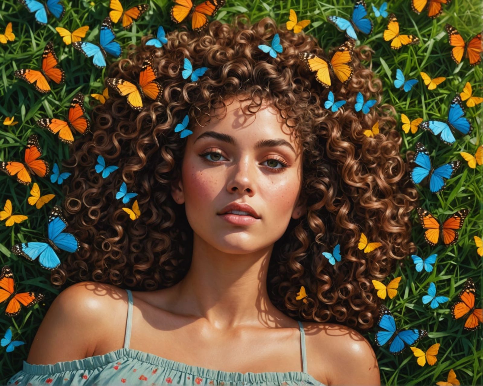 Woman in Field with Butterflies: Realistic Portrait
