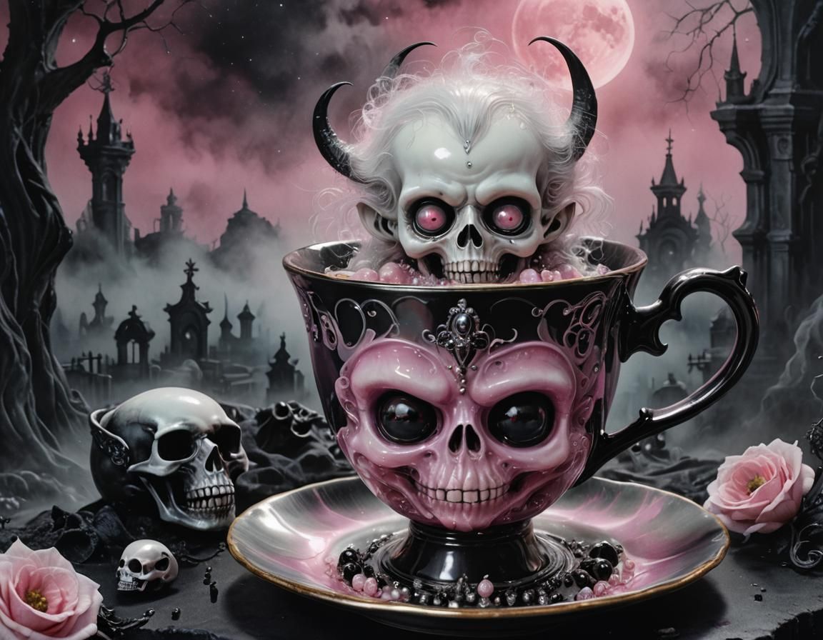 Gothic Graveyard: Demon's Moonlit Lament in Surreal Fantasy