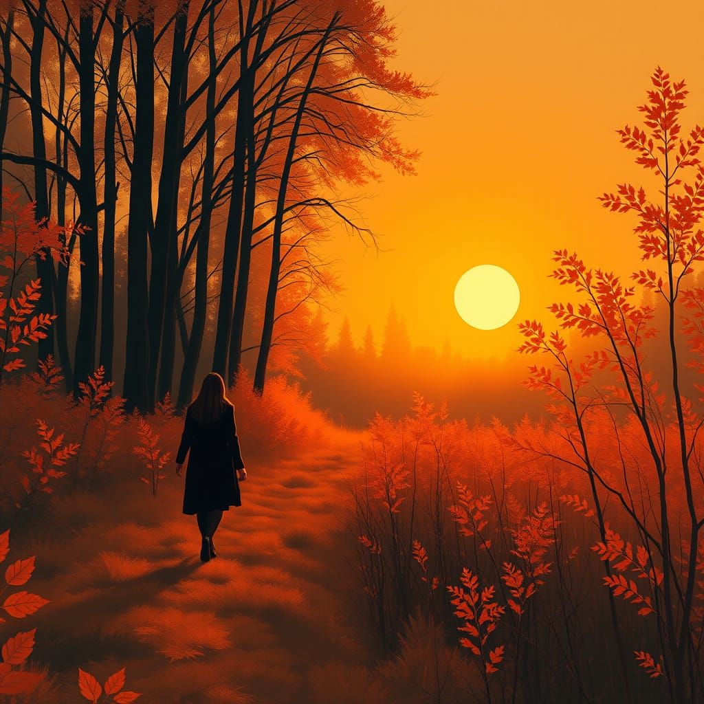 Woman Walks in Forest at Sunset in Abstract Style