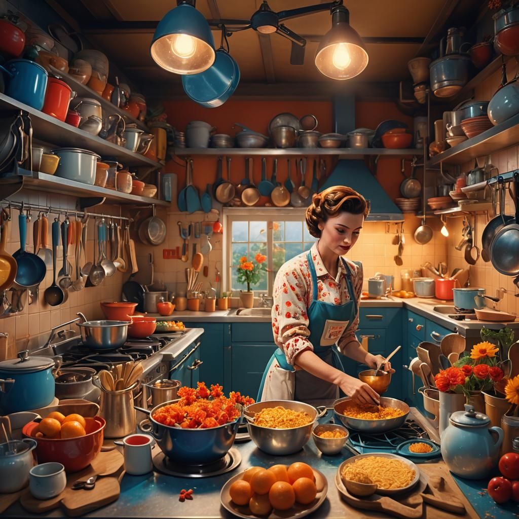 1950s Kitchen Scene with Disney Art Influence