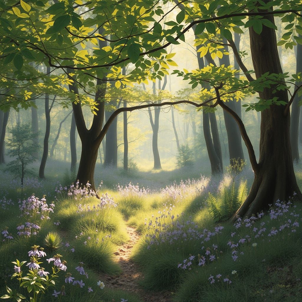 Mystical Forest Clearing with Abundant Wildflowers