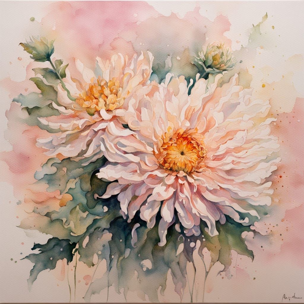 Chrysanthemum Watercolor Painting in Impasto Style