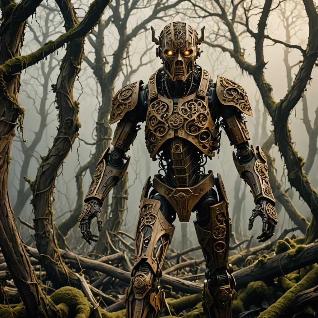Warforged Humanoid in Surreal, Misty Landscape
