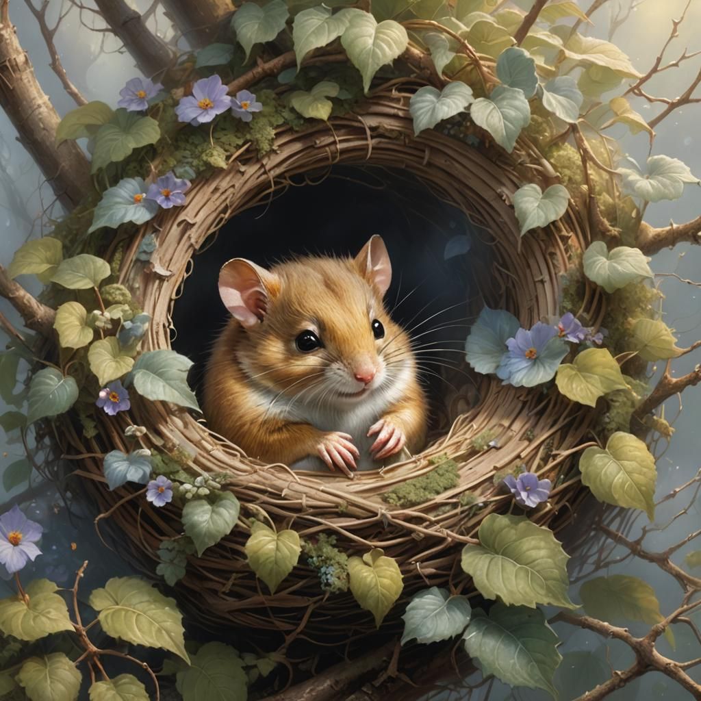 Sleepy Dormouse in Ethereal Fantasy Nest