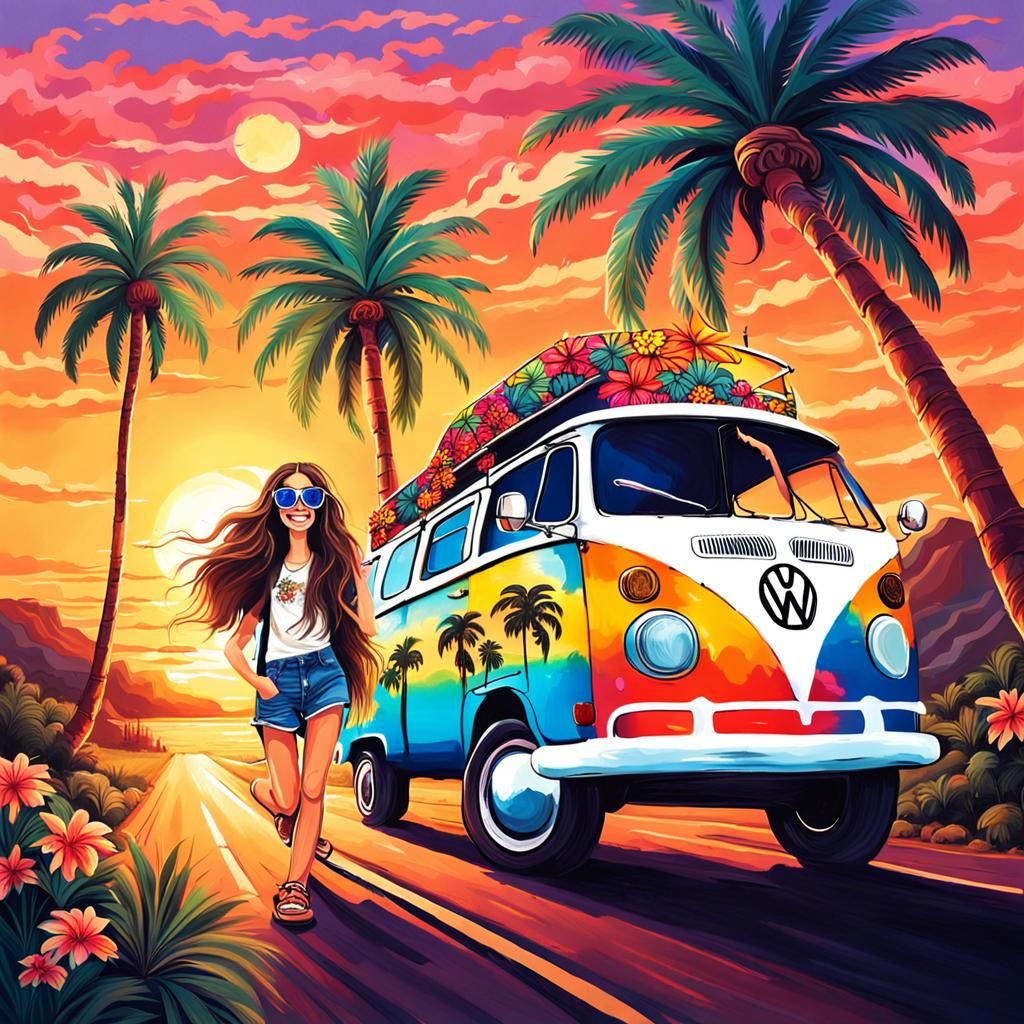 Hippy Girl Driving a Flower VW Van