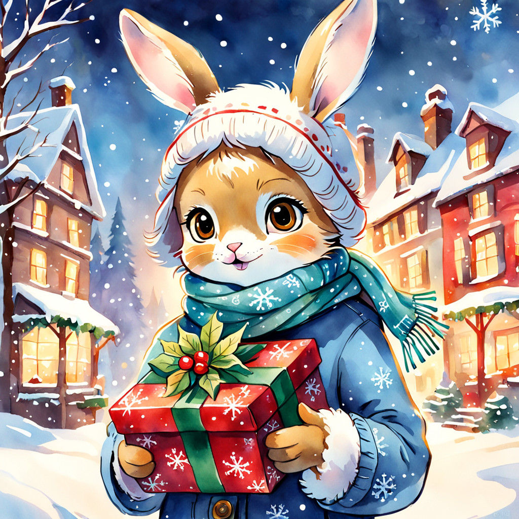 Whimsical Watercolor Rabbit in Winter Wonderland