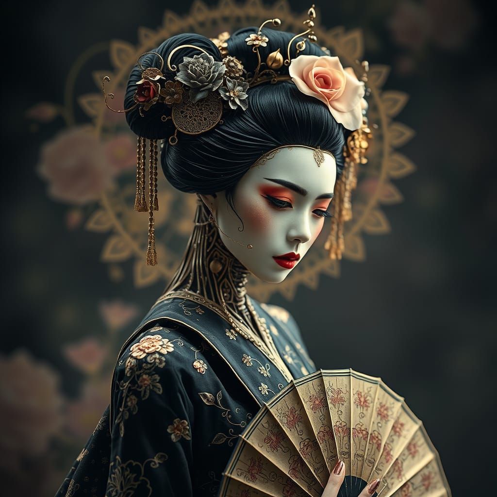 Elegant Cyberpunk Geisha with Floral Etchings