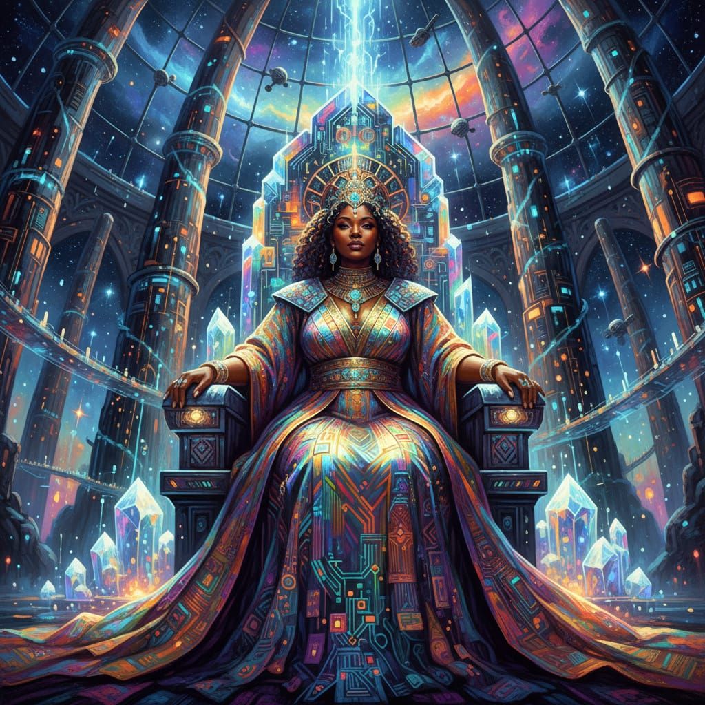 Regal African Queen in Holographic Robes on Circuit Throne