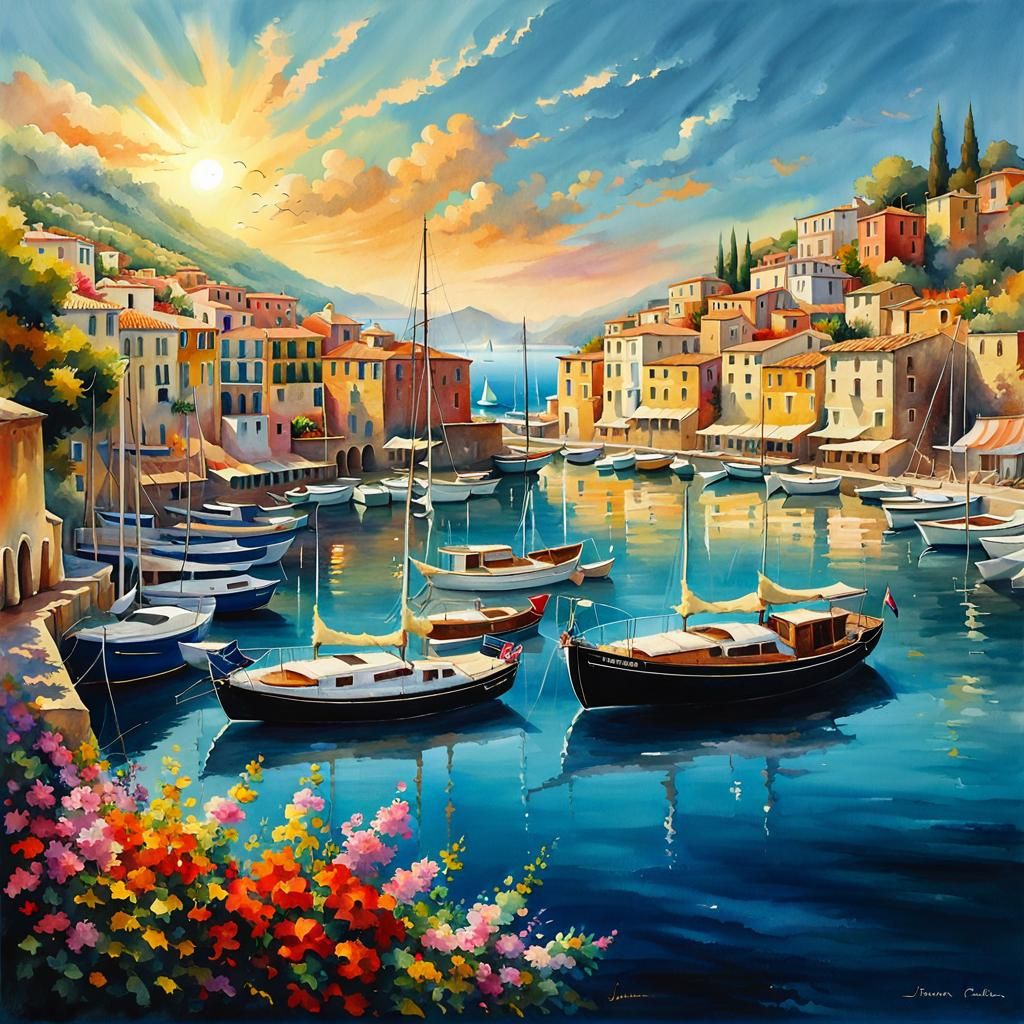 Italian Port Scene in Watercolor and Ink