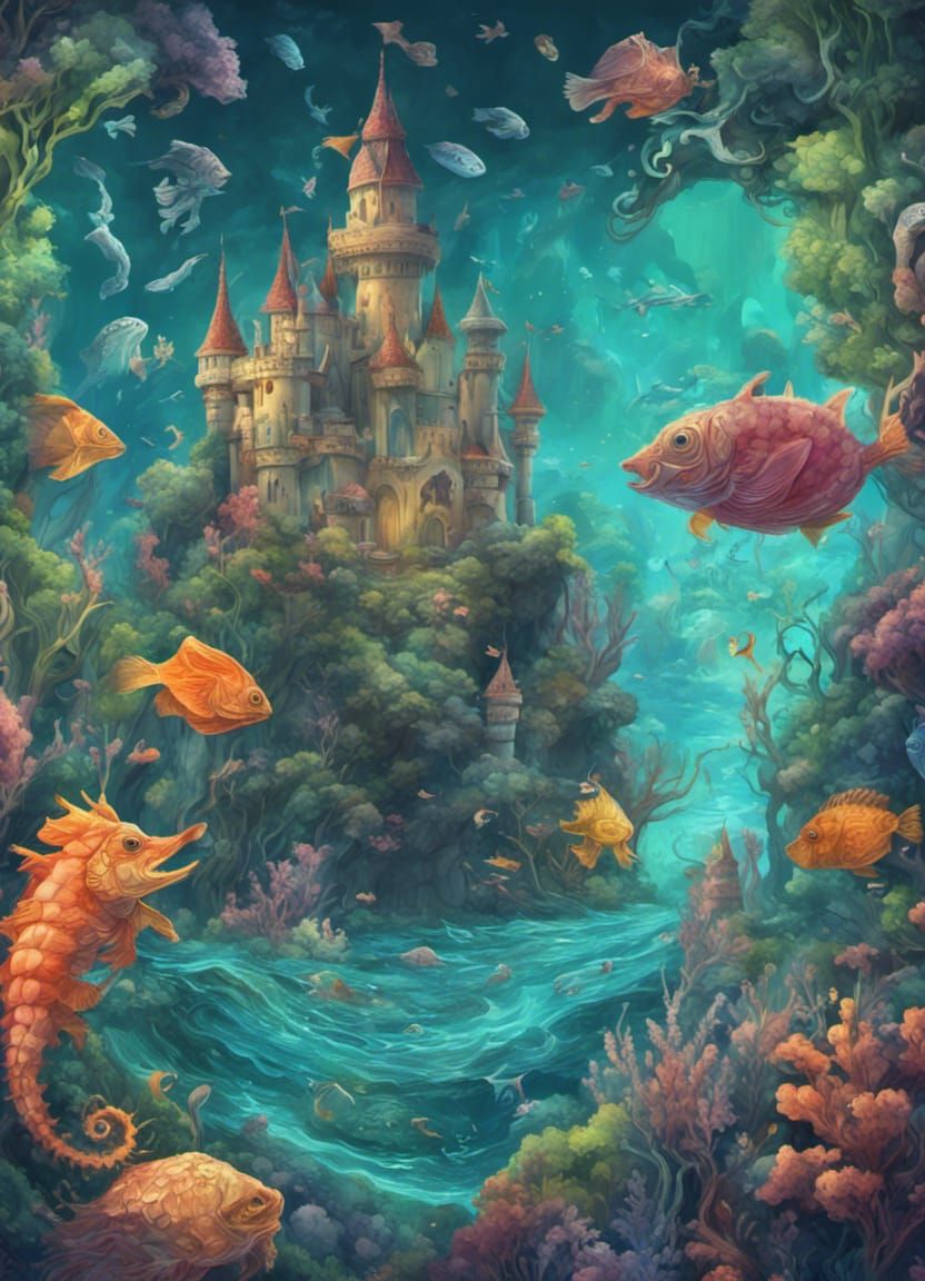 Childish Ocean Drawing with Animals in Deep Color
