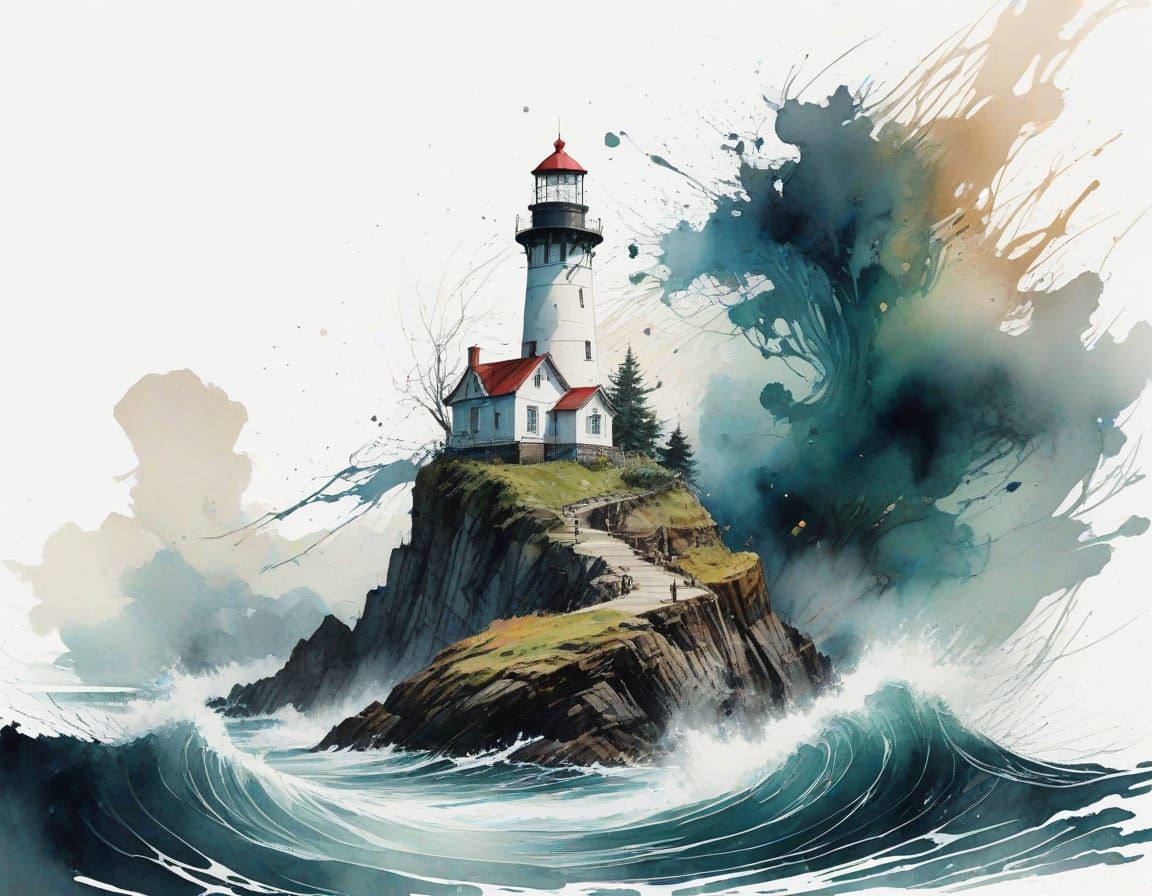 Lighthouse in Storm, Japanese Ink Wash Style