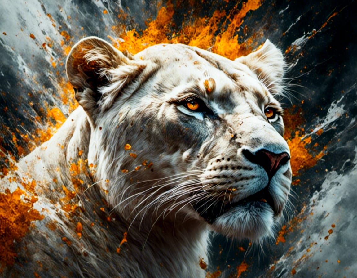 Hyperdetailed White Lioness with Amber Splash
