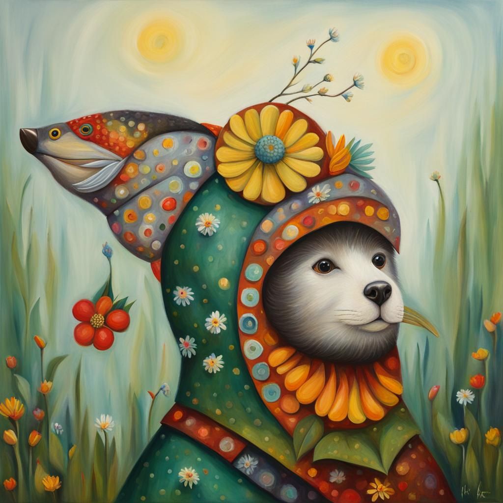 Whimsical Folk Art Illustration in Pastel Impasto