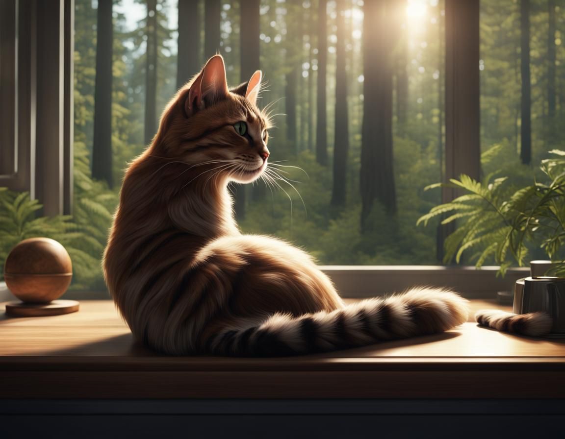 Hyperrealistic Cat Listening to Music in Forest