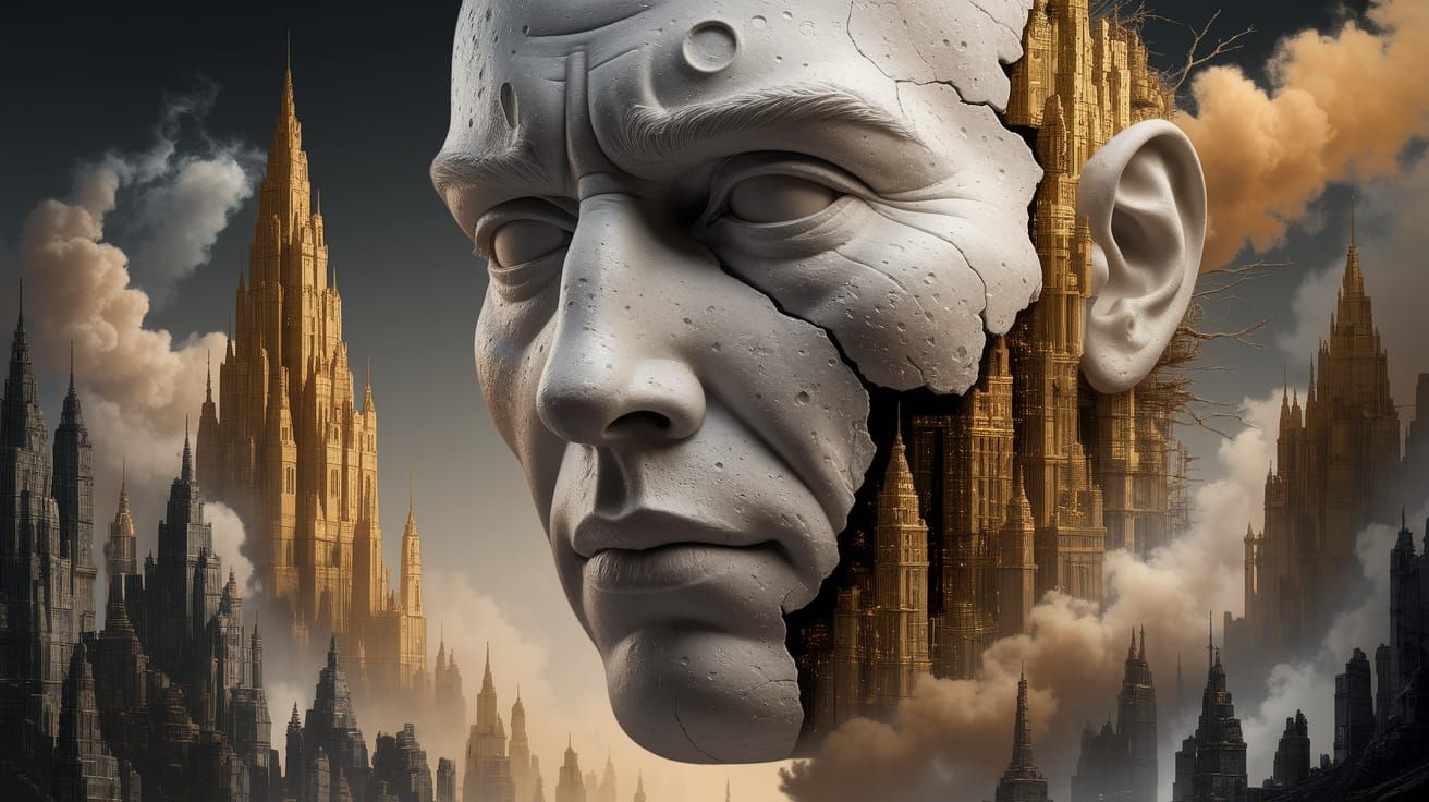 Surreal Cityscape with Ancient Face and Golden Architecture