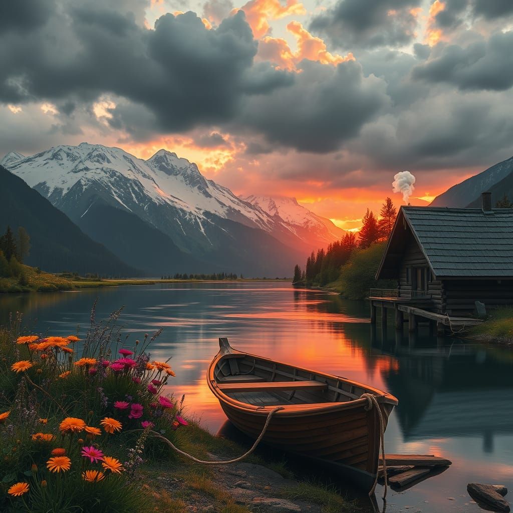 Mountains and River at Sunset in Romantic Style