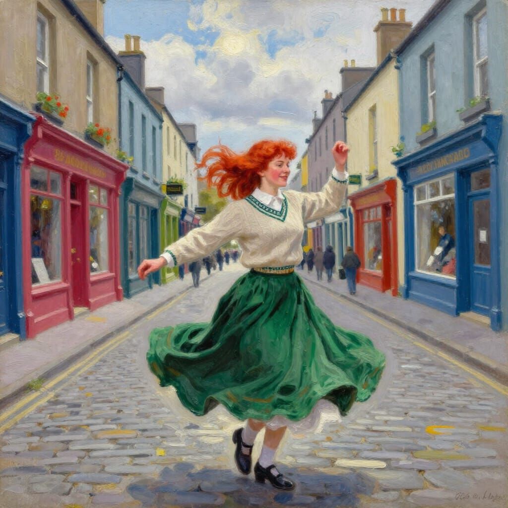 Joyful Irish Dancer in Donegal Oil Painting Style