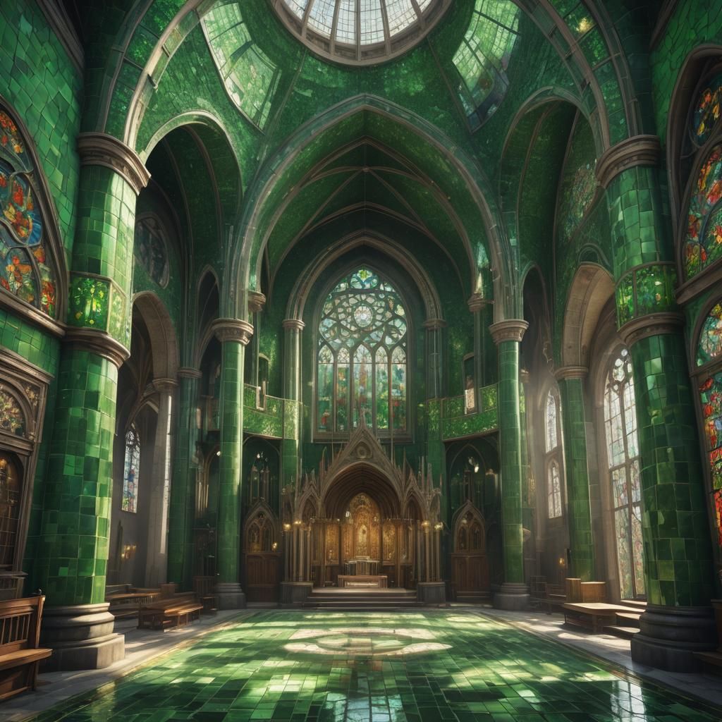 Green Mosaic Glass in Artistic Church: Detailed Matte Painti...