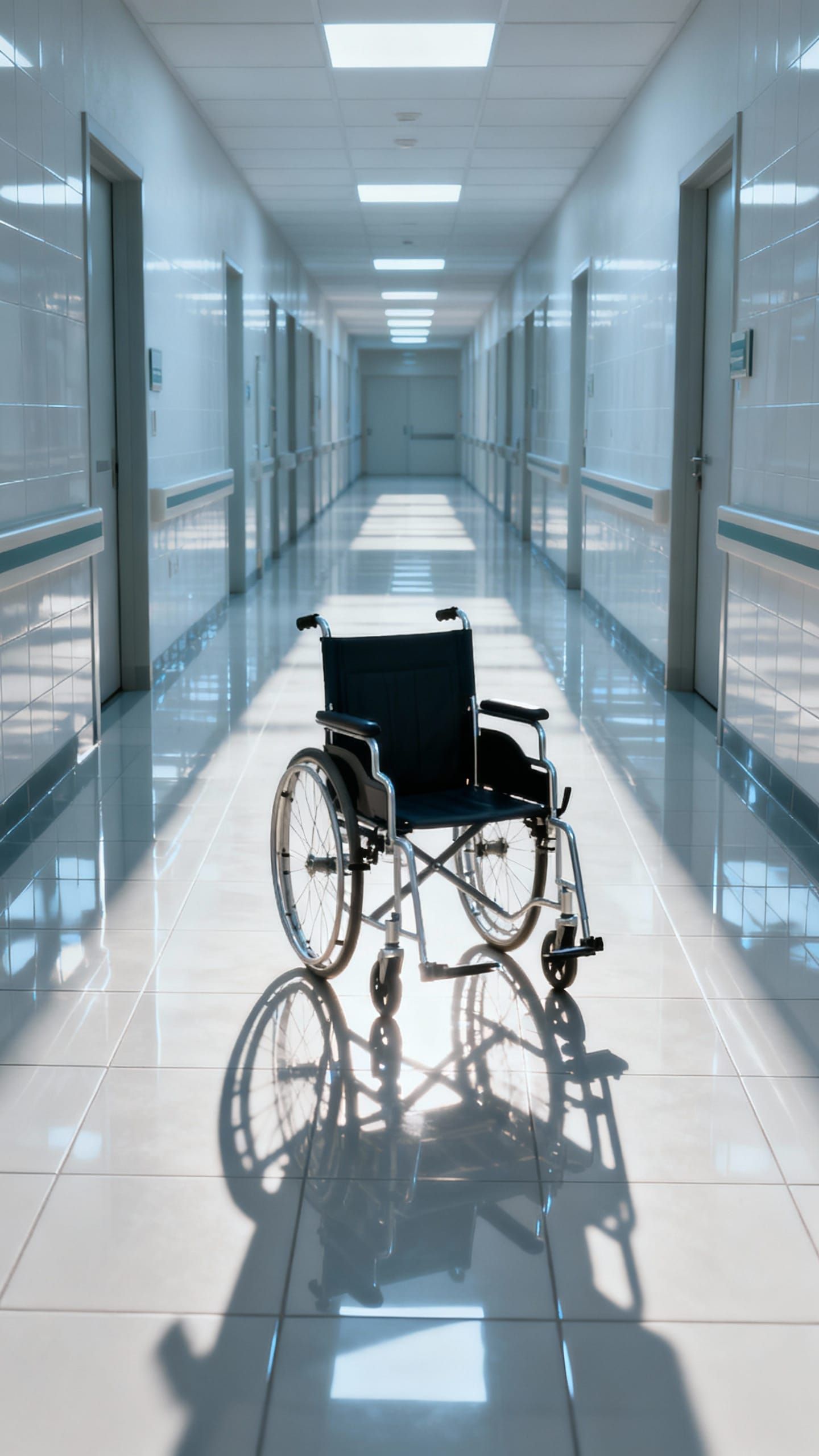 Empty Wheelchair in Bright Hospital Hallway