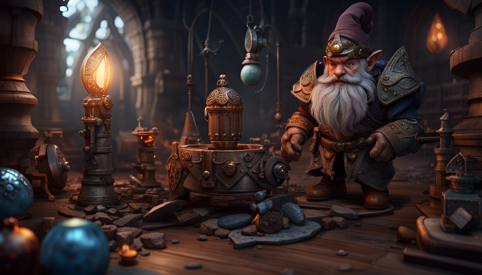 Dwarven Inventor Surrounded by Magic Items
