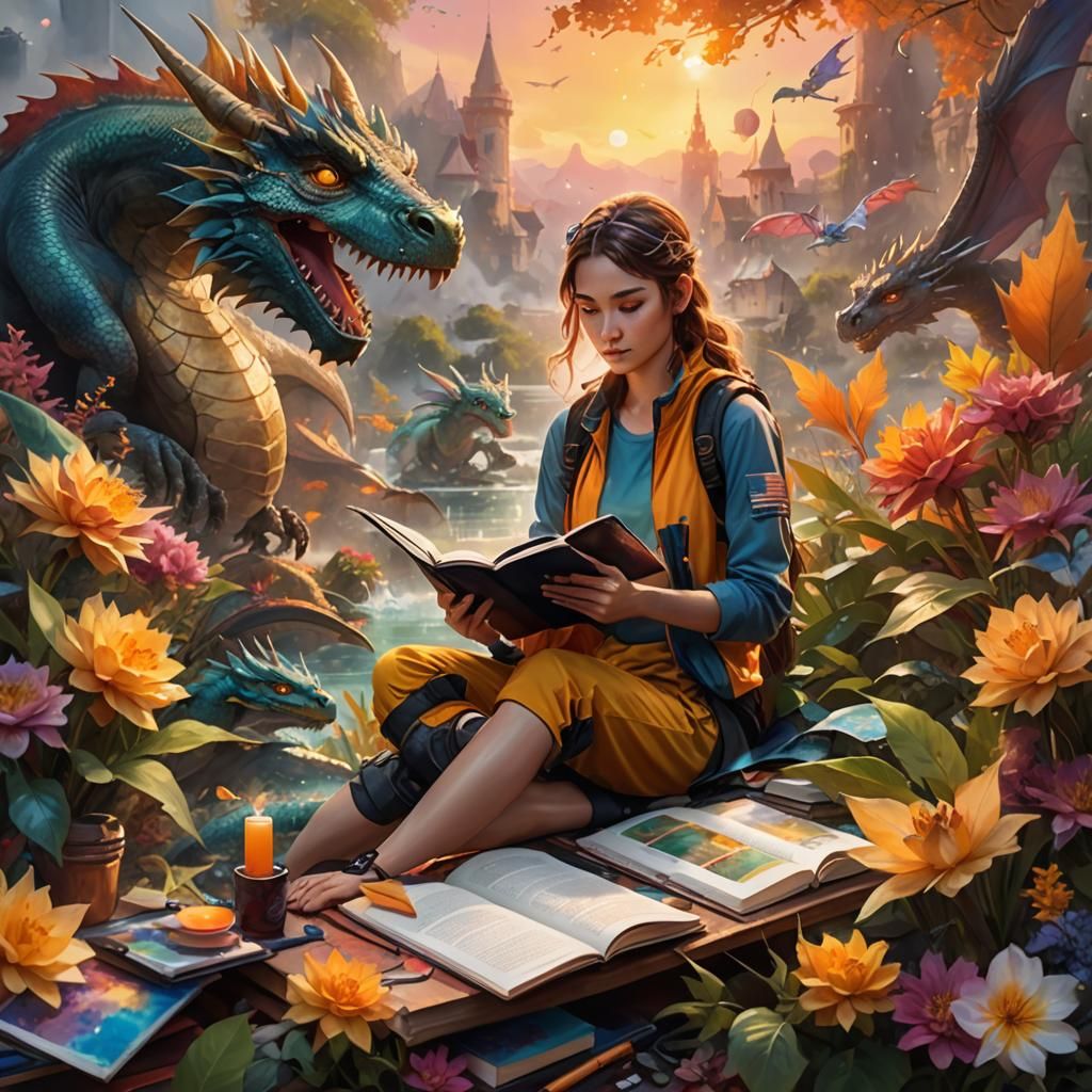 Fantasy Girl with Dragon Book and Triathlon Gear