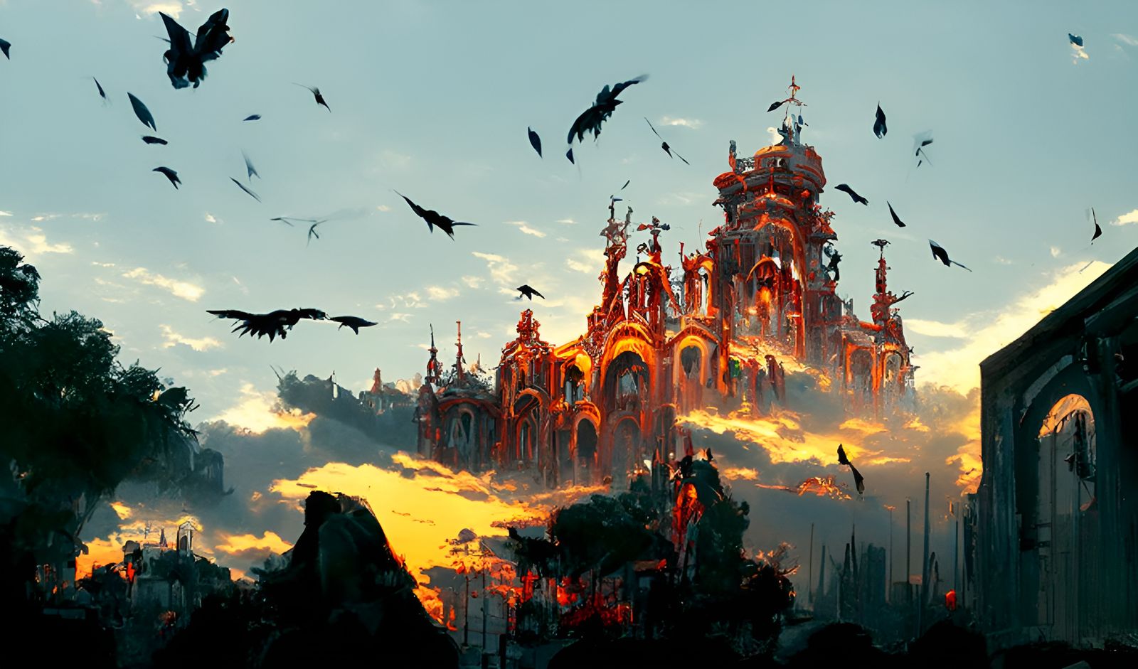 Gothic Crow Cathedral at Dusk: Digital Painting