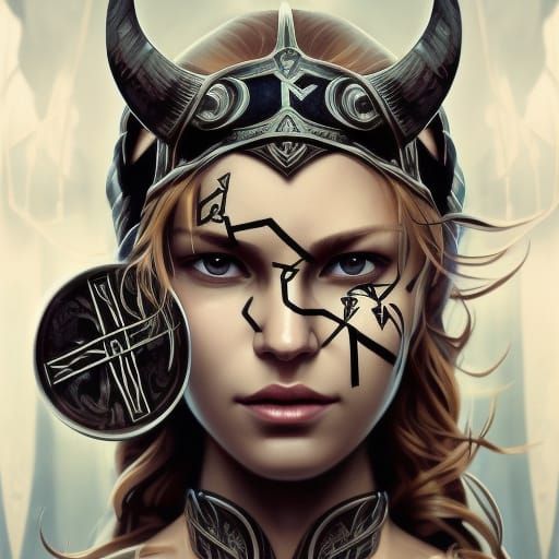 Viking Woman Portrait with Runes, Hyperdetailed Art