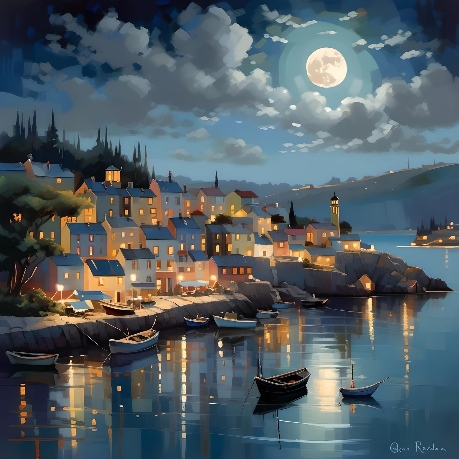 Coastal Town at Night: Serene Illustration