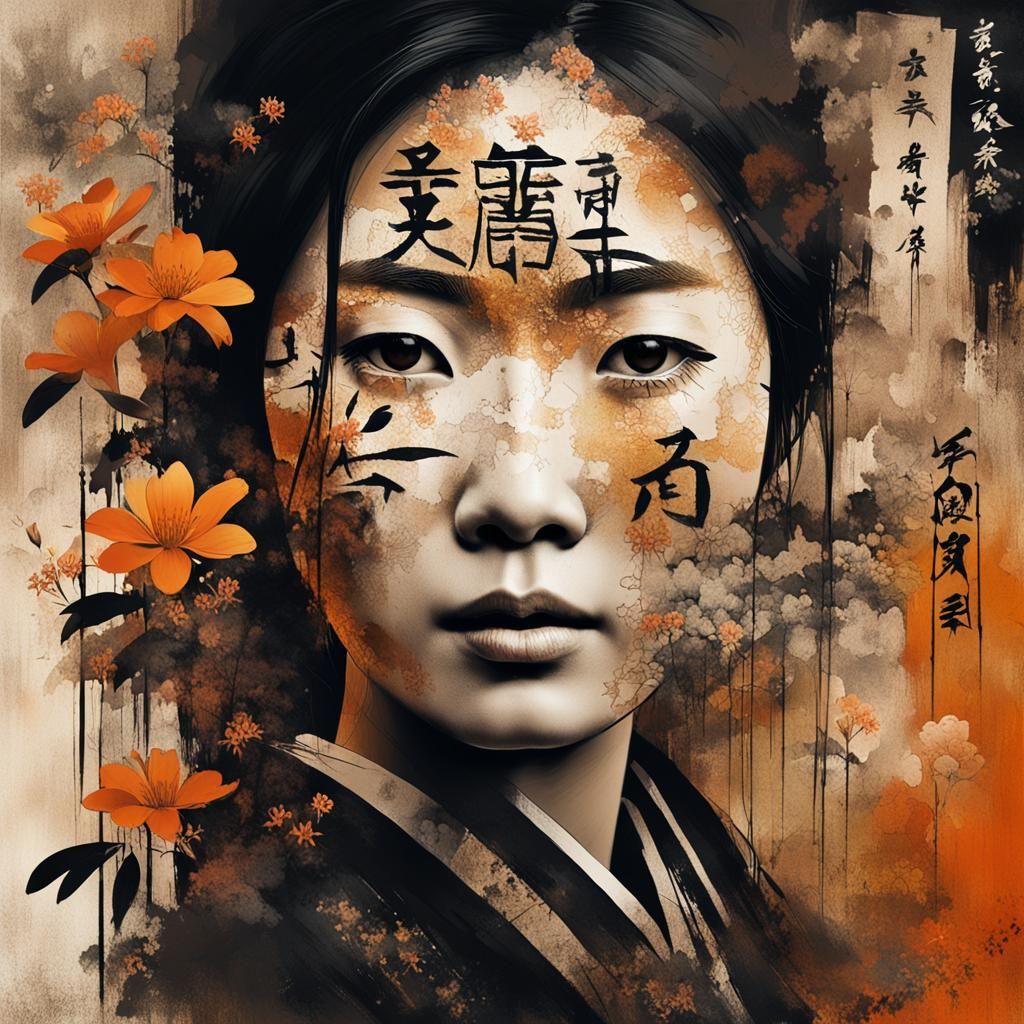 Wabi-Sabi Portrait with Kanji and Floral Elements