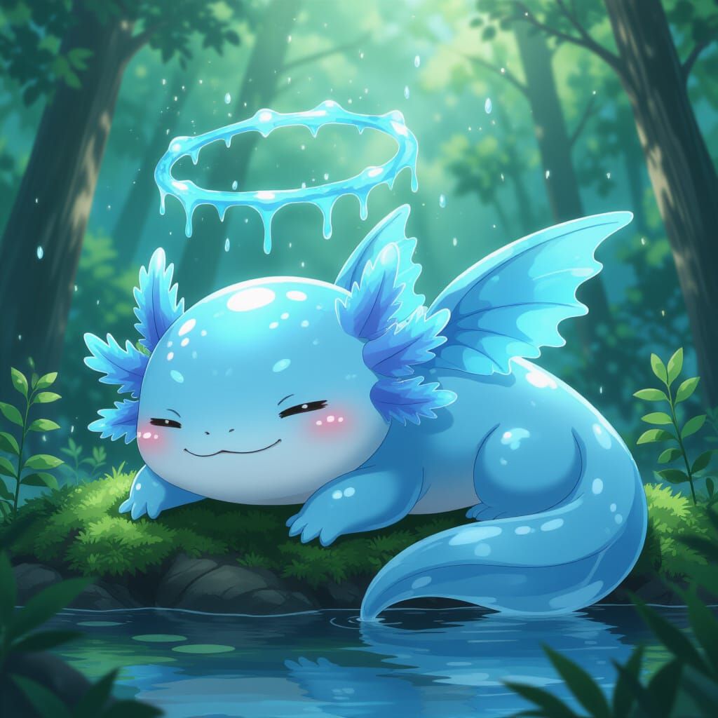 Cute Slime Axolotl with Halo in Forest